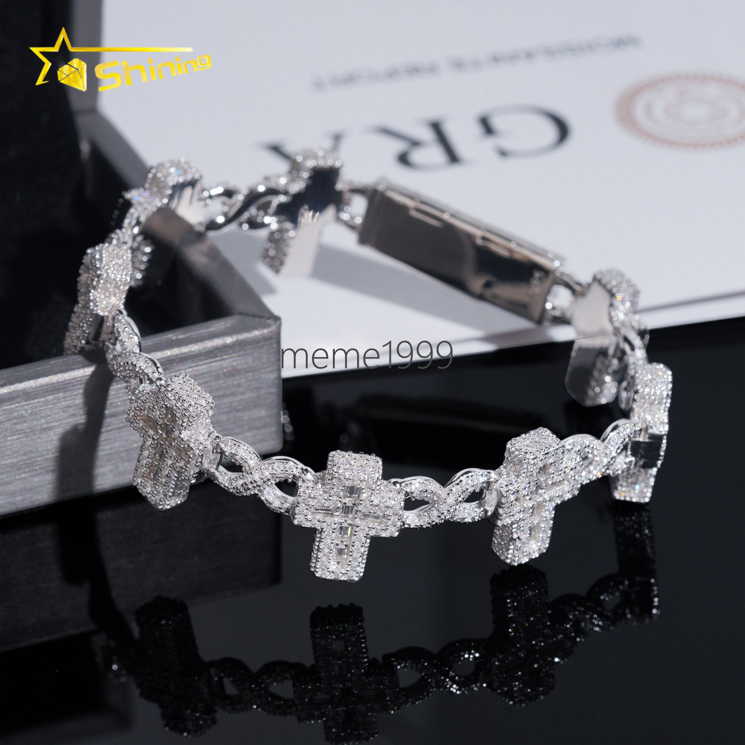 Luxury bling baguette Moissanite Cross Infinity Link Chain Sterling Silver 925 iced out jewelry moissanite diamond Bracelet