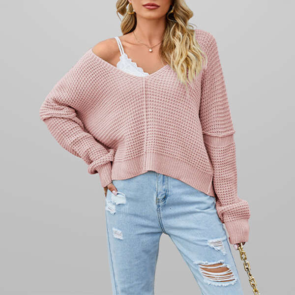 New Off-Shoulder Autumn Winter Women's V-Neck Solid Color Loose Knit Sweater B5