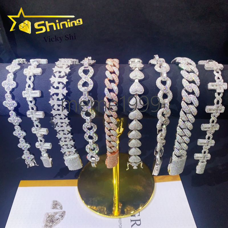 Luxury Fashion Hip Hop Missanite Cuban Bracelets S925 Silver Iced Out VVS Moissanite Cuban Link Chain