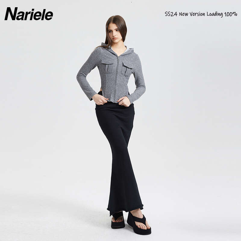 Hot Girl Pocket Decoration 25 Spring New Solid Color Zipper Hooded Slim Fit Long Sleeve T-Shirt For Women B3