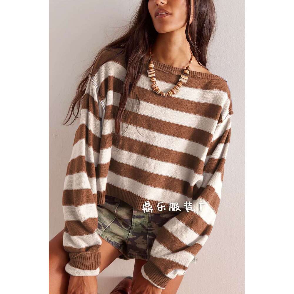 New Autumn Winter Pullover Loose Sweater Striped Short Knitted Top For Women B5