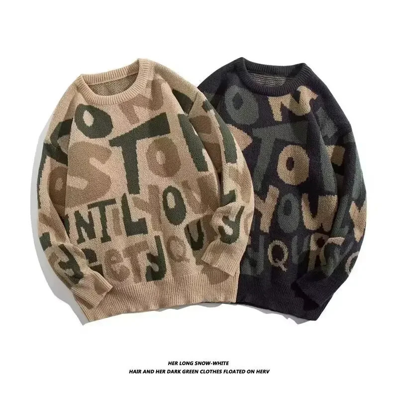 Men Jumpers O Neck Sweater Flat Knitted Pullovers Long Sleeve Letter High Street Loose Sweaters Winter Slight Strech 250819
