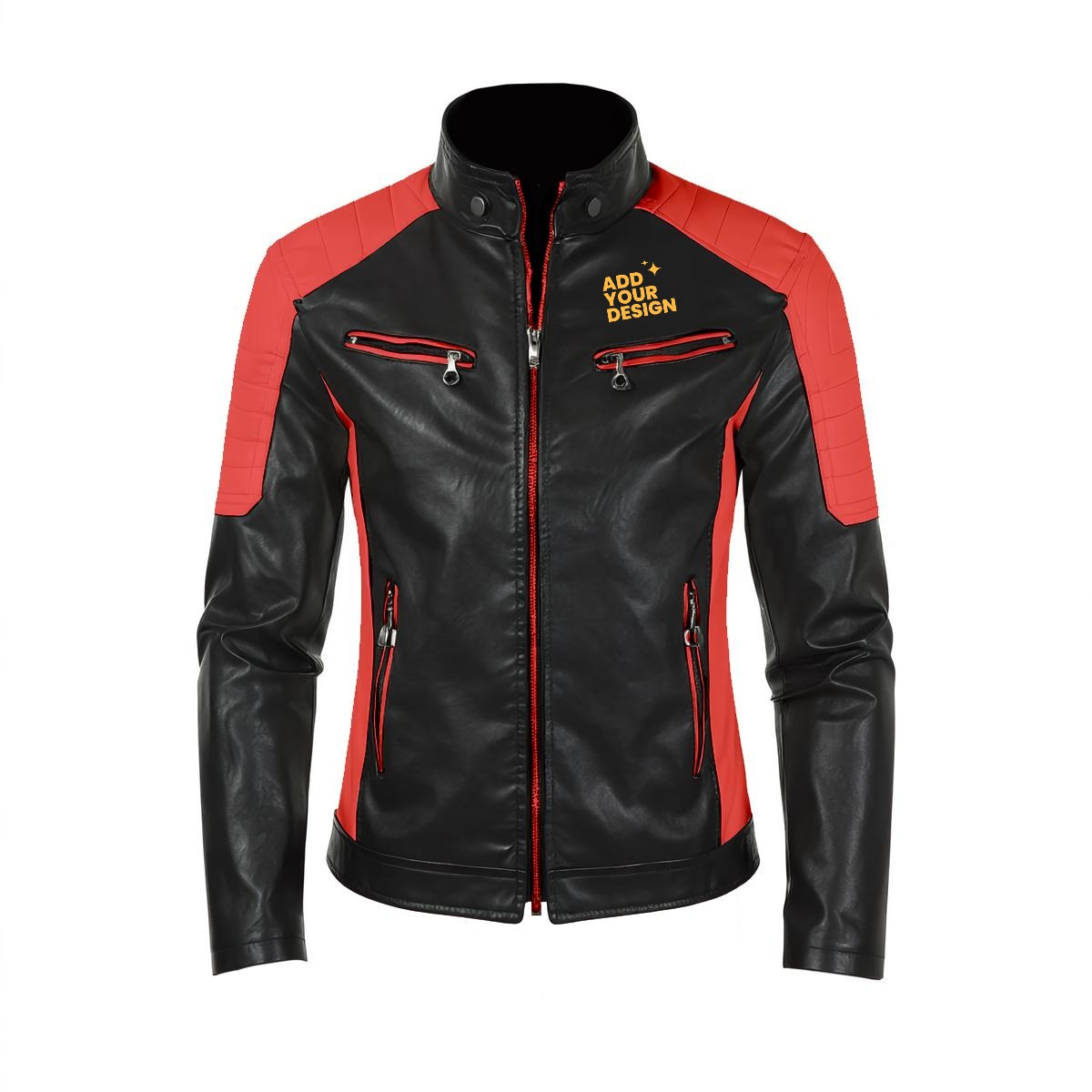 DHgatepod Men's Stand Collar PU Leather Jacket - Slim Fit Stylish Biker Jacket | DTF Print Ready (Multi-Panel) | Lightweight & Warm