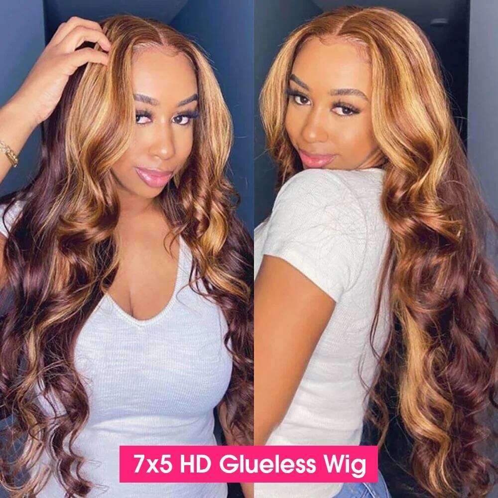 Glueless Highlight Body Wave Front Human Hair Wigs Colored Honey Brown 13X6 Frontal 7X5 HD Lace Closure Wig