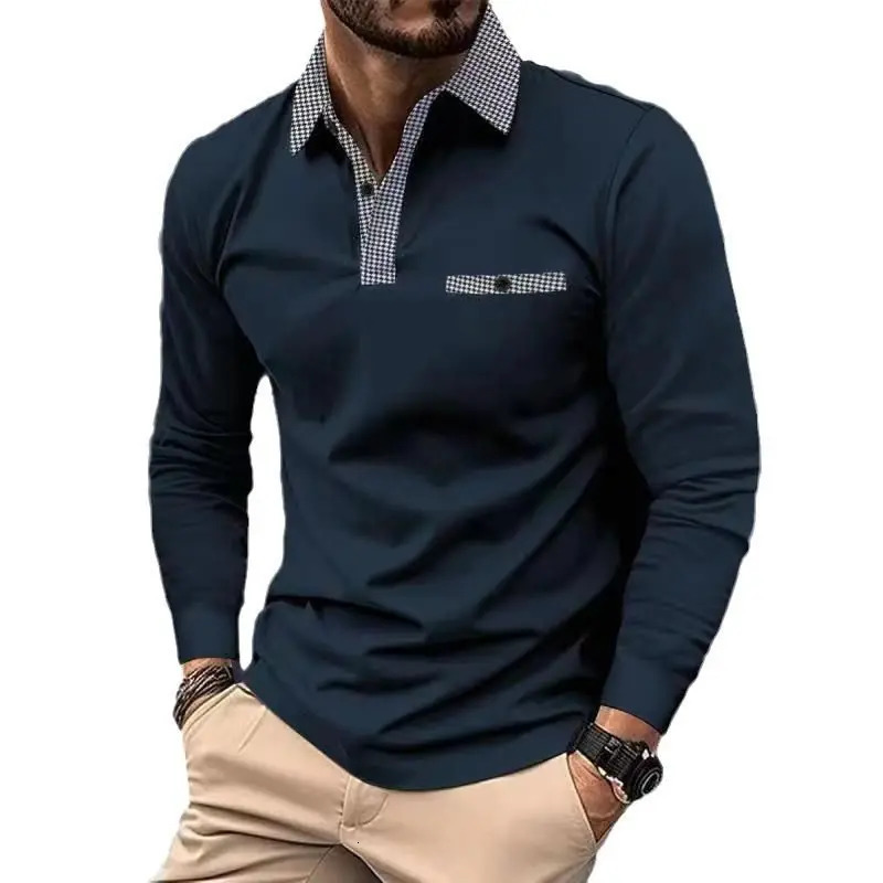 Men Clothes Spring Autumn Long Sleeve Lapel Polo Shirt Men Casual Fashion Fake Pocket Stitching Golf Polo Shirt Tops 250818
