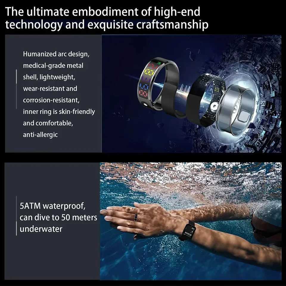 2025 Color Screen Smart Ring 5ATM Waterproof Touch Health Monitoring Long Battery Life Gesture Operated Multi-motion Mode W250819