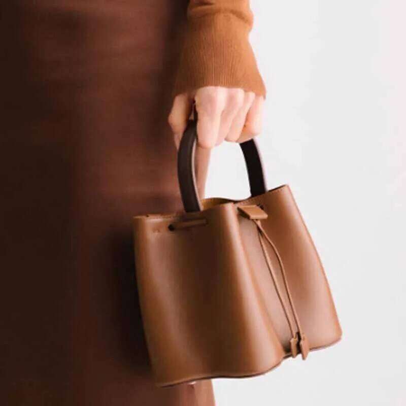 New Fashion And Elegant Turkish Pleated Drawstring Bucket Handbag Shoulder Messenger Bag Dark Brown Beautifully Decorated