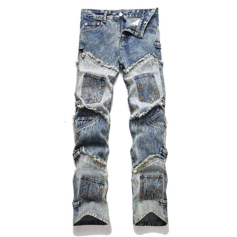Free Shipping Designer European And American Style 2025 New Slim Fit Straight Leg Patch Embroidered Youth Blue Men's Flared Jeans