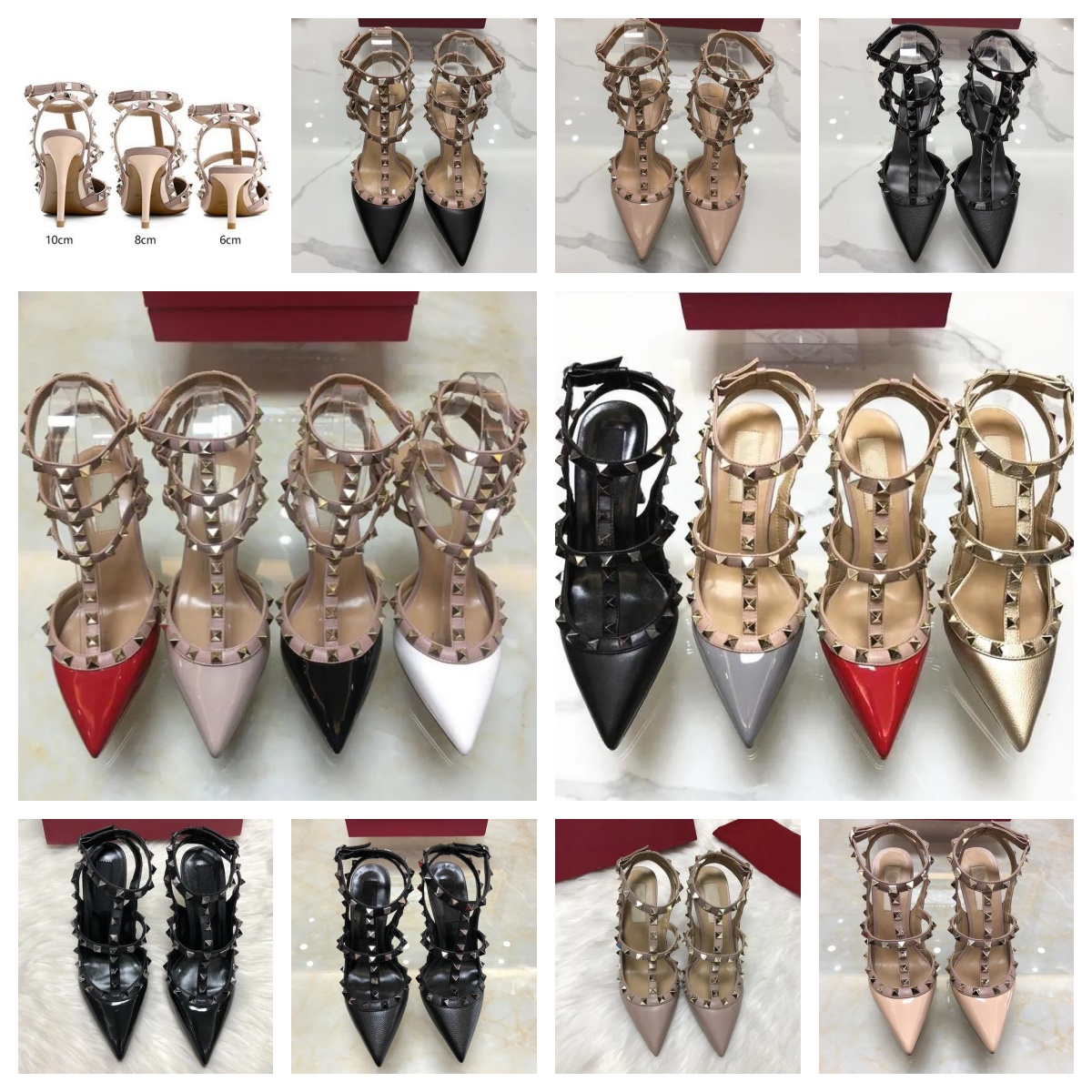 Designer Sandals High Heel Rivets V Brand Pointed Wedding Shoes 6cm 8cm 10cm Thin Heels Nude Black Shiny Patent Leather Two Belts Red Pumps with Dust Bag 34-44