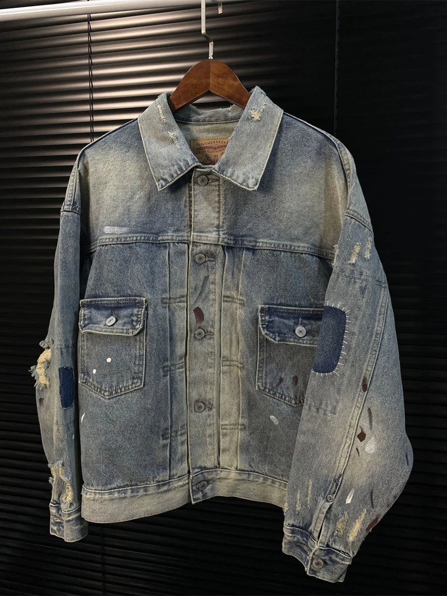 Washed SAINT MICHAEL DAMAGE Denim Work Jeans Jacket Men Women Quality Make Old Blue Heavy Fabric Coat 250819
