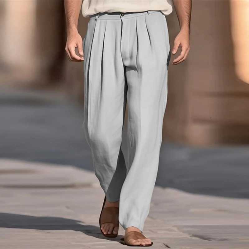Casual Breathable Solid Color Linen Trousers Men Spring Summer Daily Leisure Loose Straight Pants For Men Fashion Pleated Pants W250819