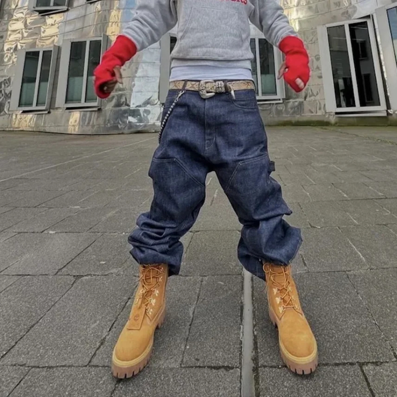 MIJKO High Street Original Color Wide Leg Blue Baggy Jeans for Men Straight Loose Pockets Casual Denim Pants Oversized Cargo Trousers