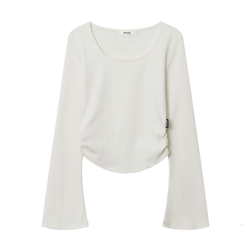 Pure Desire Style Ruched Waist Round Neck Long Sleeve T-Shirt Spring New Slim Fit Solid Color Short Hot Girl B5