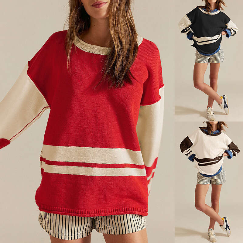 New Autumn Winter Pullover Women's Color Block Round Neck Loose Versatile Knitted Sweater B3