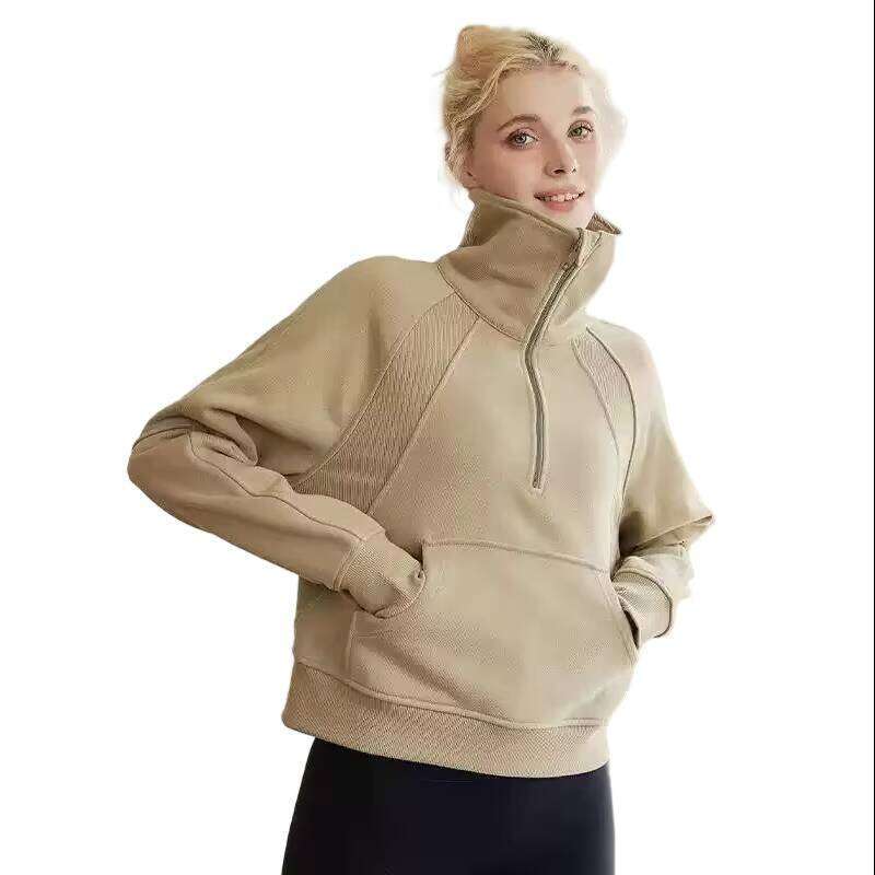 Women's Autumn Winter Casual Hoodie Breathable Active Tops Loose Sweatshirt with Half-Zipper and High Stand-Up Collar