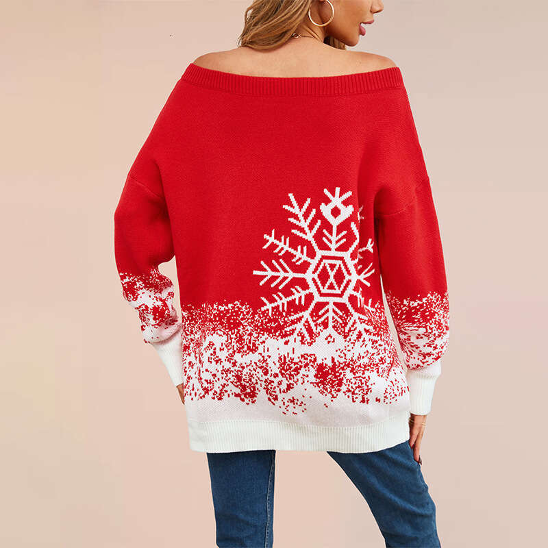 Women's Small Snowflake Sweater Autumn Winter Casual Off-Shoulder Knitted Top B5