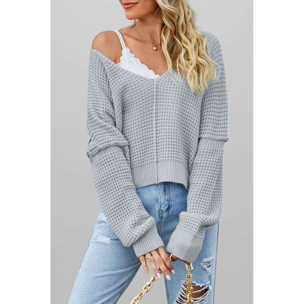 New Off-Shoulder Autumn Winter Women's V-Neck Solid Color Loose Knit Sweater B5