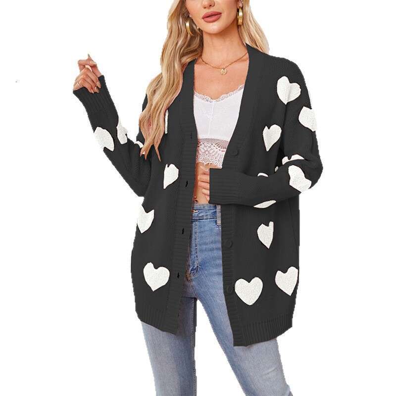 Women's New Fashion Temu Valentine's Day Heart Knitted Cardigan V-Neck Button Mid-Length Outerwear B5
