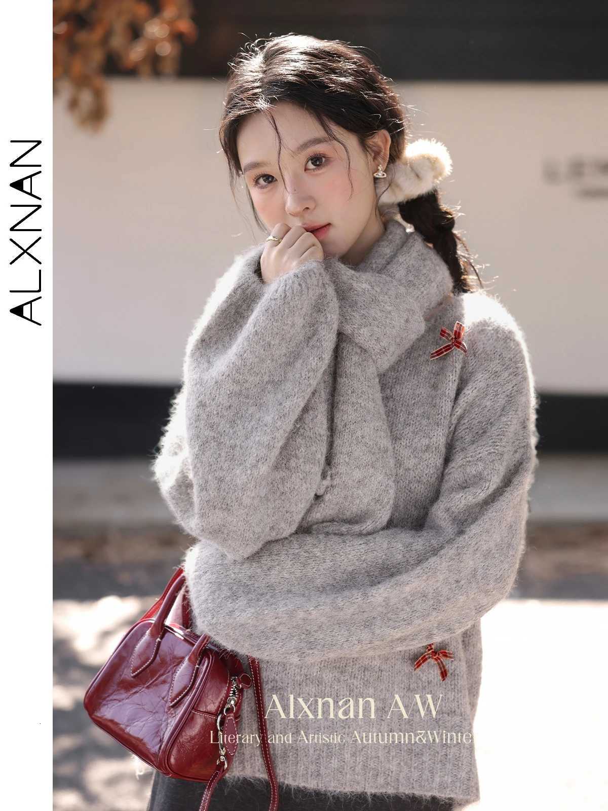 ALXNAN Women Gray Pullovers O-neck Plaid Bow Loose Knitted Lantern Long Sleeve Tops Women Winter Sweaters Fe Clothing L52690 XJ250819
