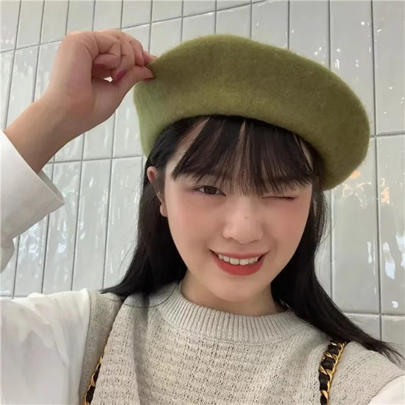 Korean Fashion Woolen Beret Hat Soft Thick Knit Cap Sweet Warm Artist Berets for Daily Wear Adjustable Beanie Cap Headwear Decor 250819