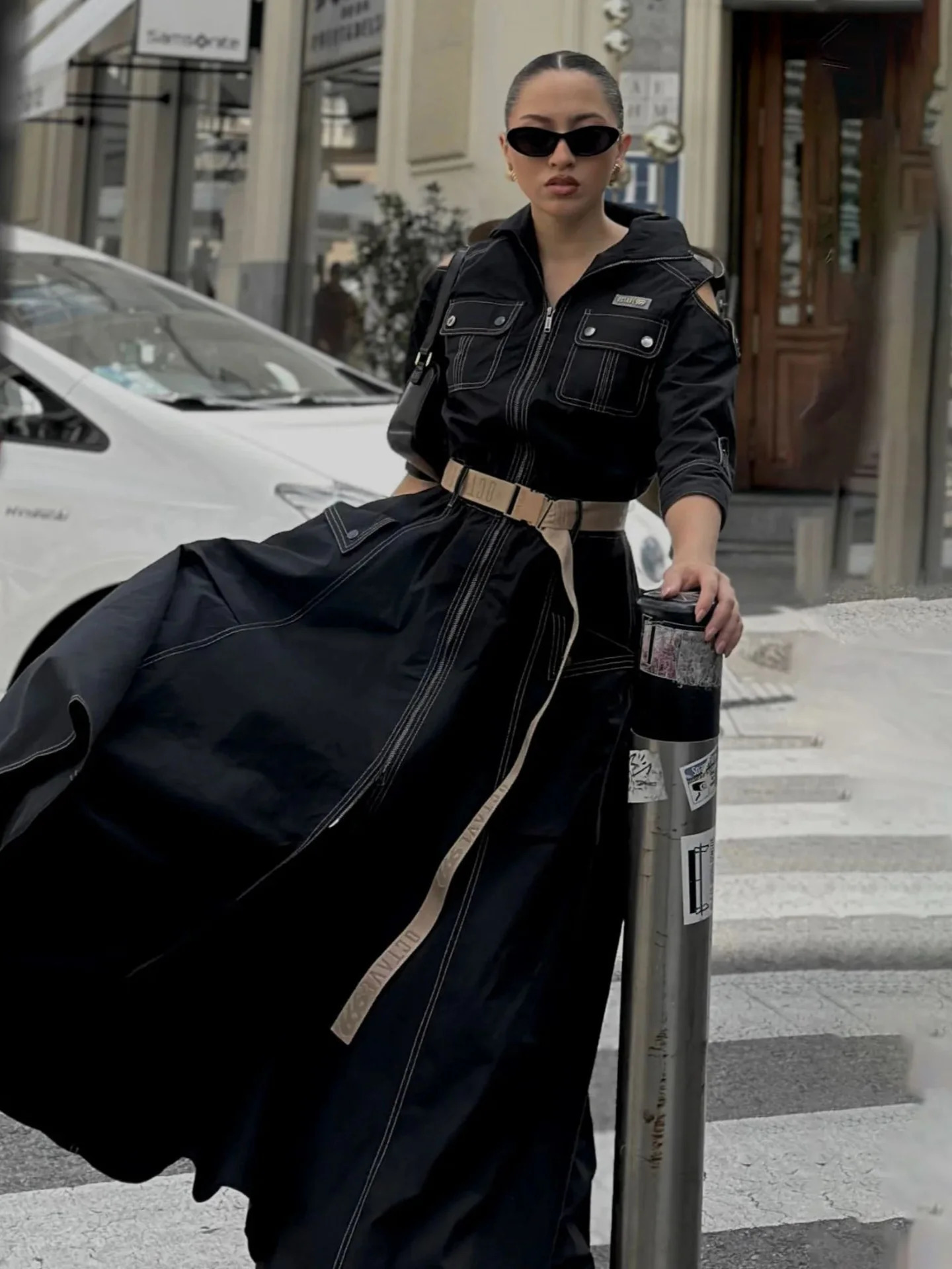 Summer Dress for Women Retro Turn-down Collar Cold Shoulder Half Sleeve Zipper Belt Pockets Split High Waist Maxi Dresses 250819