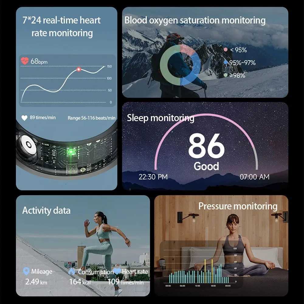 New R9 5ATM Waterproof Smart Ring Stainless Steel Health Monitor Fashion Luxury Smart Finger Ring for Men and Women with Charging Box as a Gift W25081