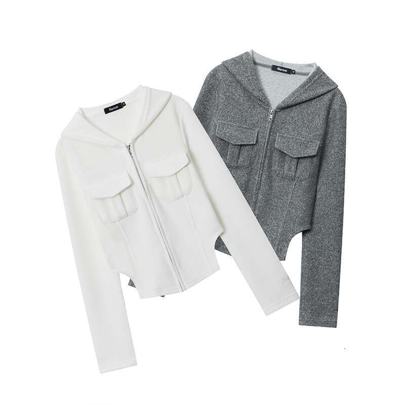 Hot Girl Pocket Decoration 25 Spring New Solid Color Zipper Hooded Slim Fit Long Sleeve T-Shirt For Women B3