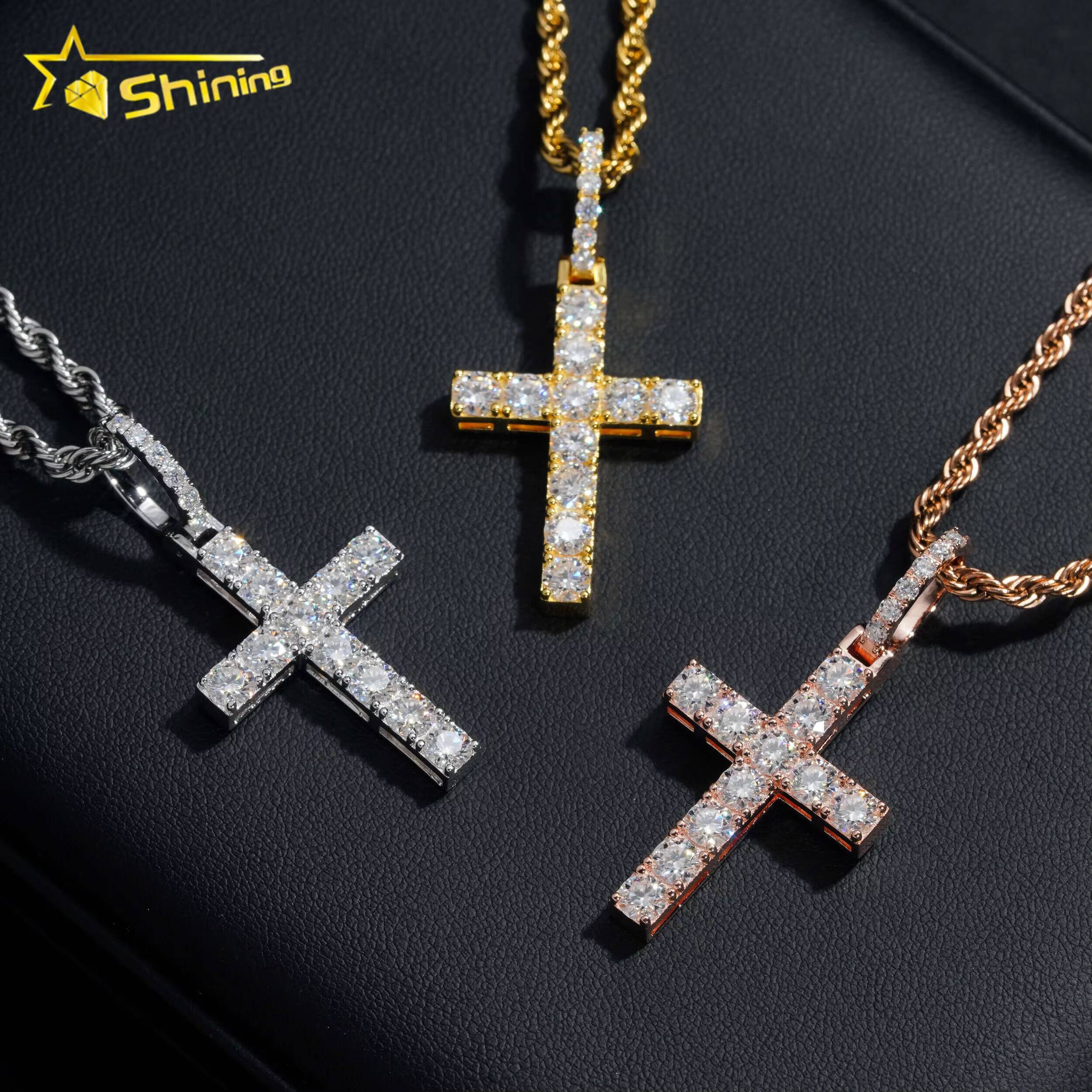Fine Jewelry Ready to Ship 925 Sterling Silver Hip Hop Cross 4MM Diamond Moissanite Pendant