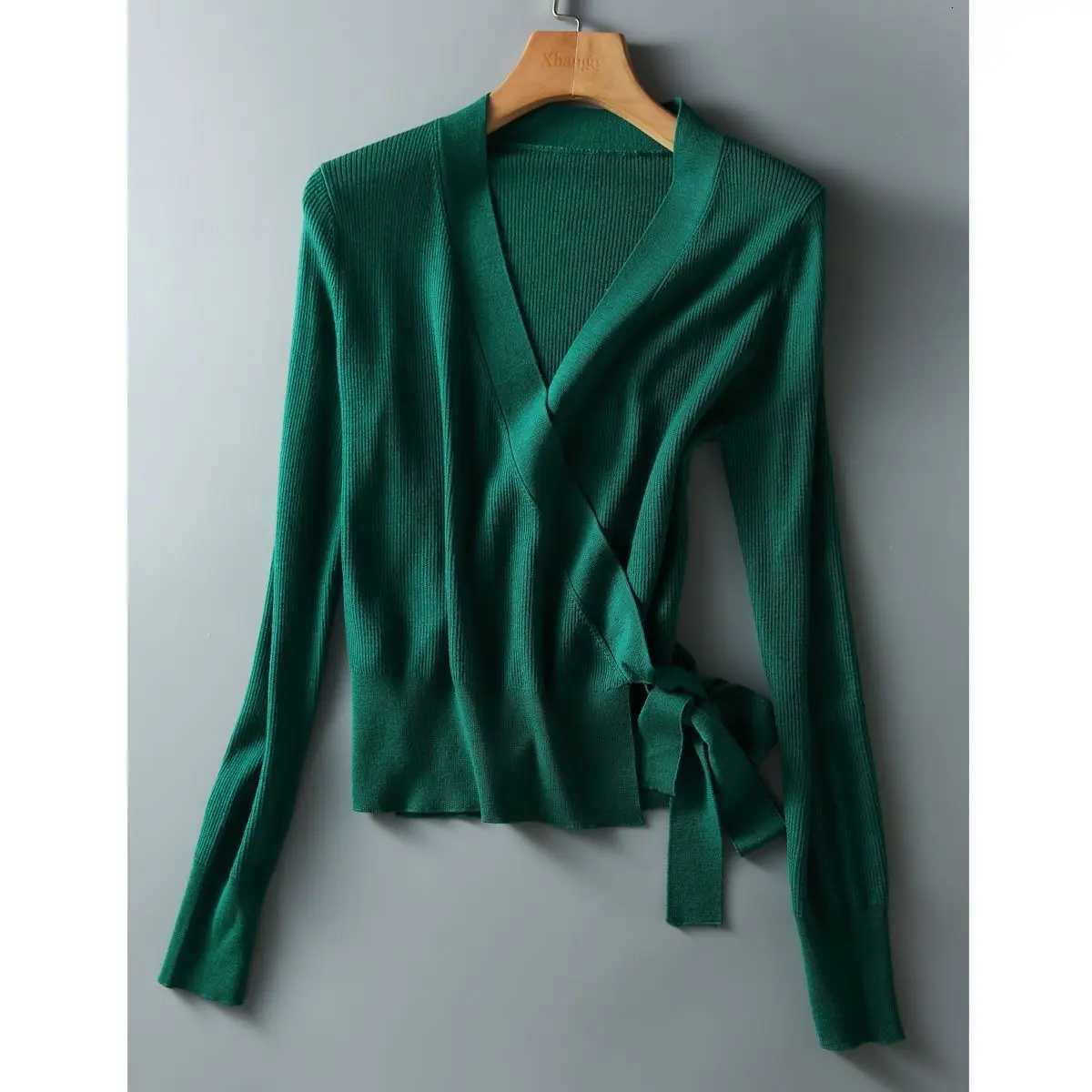 Long Sve V Neck Wrap Sweaters Women Fashion Bow Tie Waist Short Sweaters Lady V Neck Wrap Knitted Tops Sweaters XJ250819