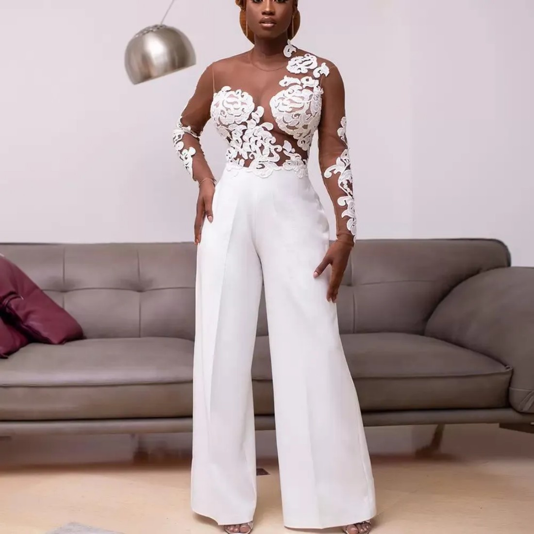 Beach Wedding Dresses Jumpsuit Bridal Gown Jewel Neck Lace Applique Sexy Illusion Top Floor Length Long Sleeves Custom Made Plus Size vestido de novia