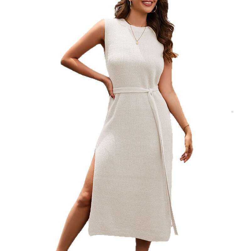 Autumn New Women's Solid Color Base Knitted Fashion Commuter Slit Dress B5