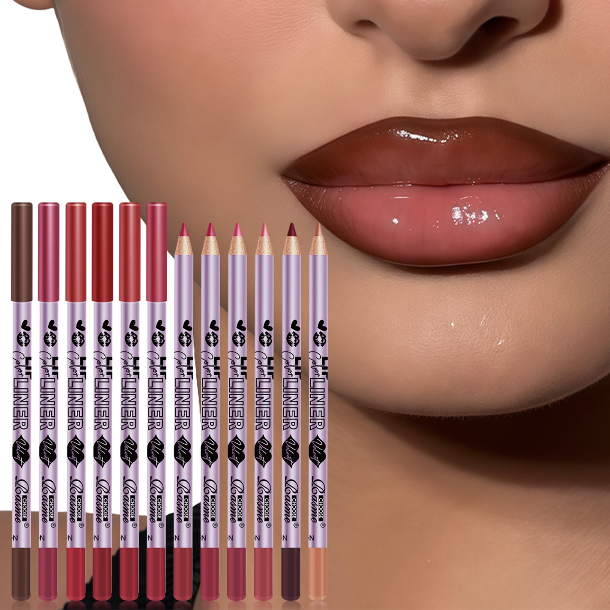 12 Colors Purple Lip Liner Set - Waterproof Matte Lip Pencils, Long Lasting Vegan Makeup Kit for Women
