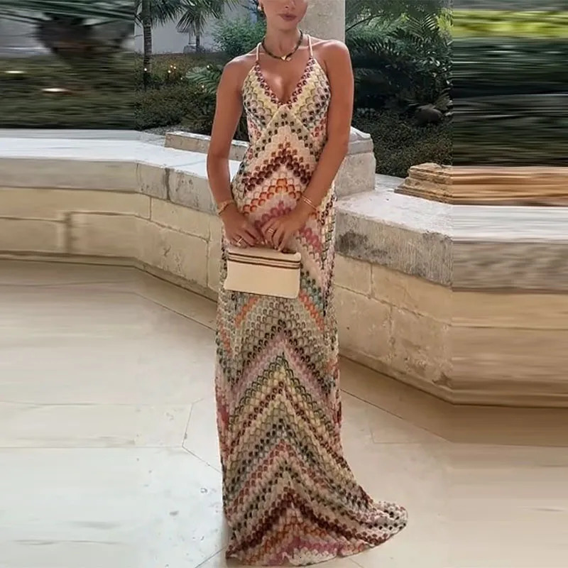 Trendy Contrast Color Suspender Dress Sexy V-neck Sleeveless Slim Beach Vacation Dress Lady High Waist Casual Commute Long Dress 250819