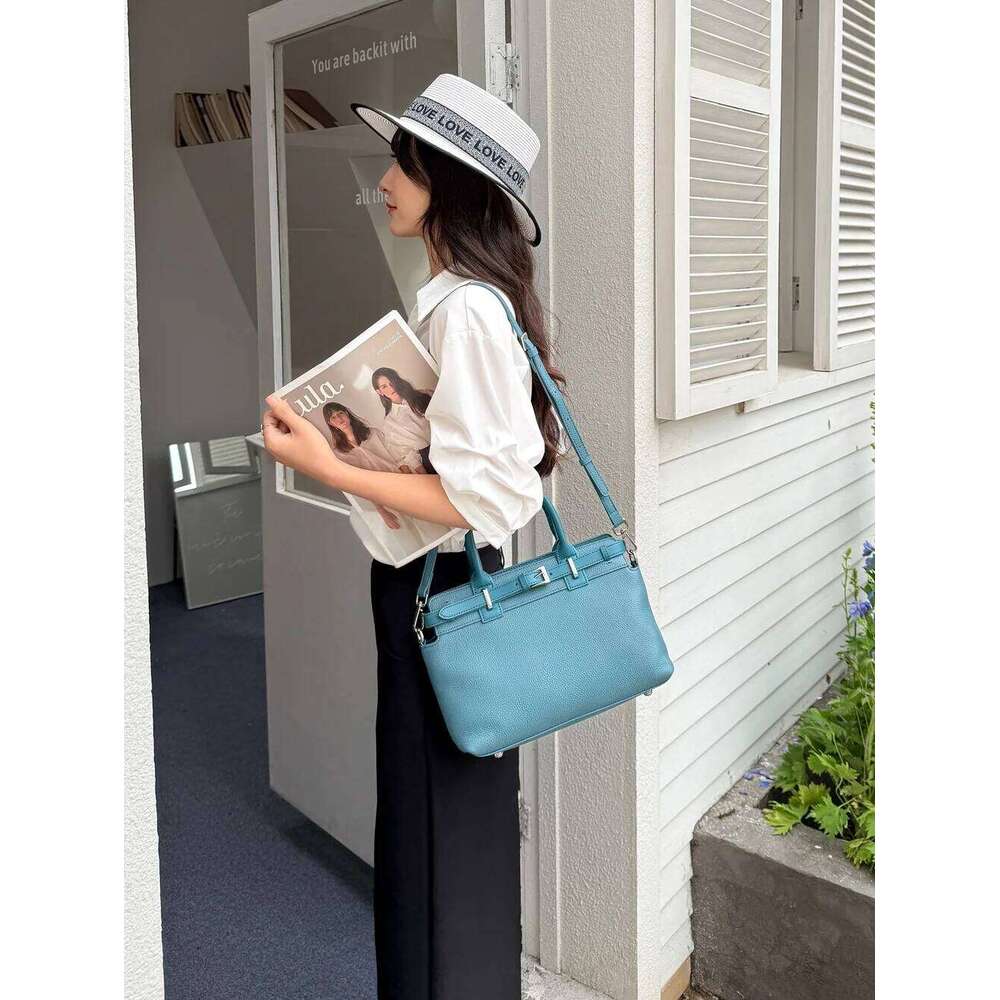 New Fashion Designer Beige Blue Color Handheld Tote Real Cowhide Leather Women Handbag Office Workers Shoulder Bag