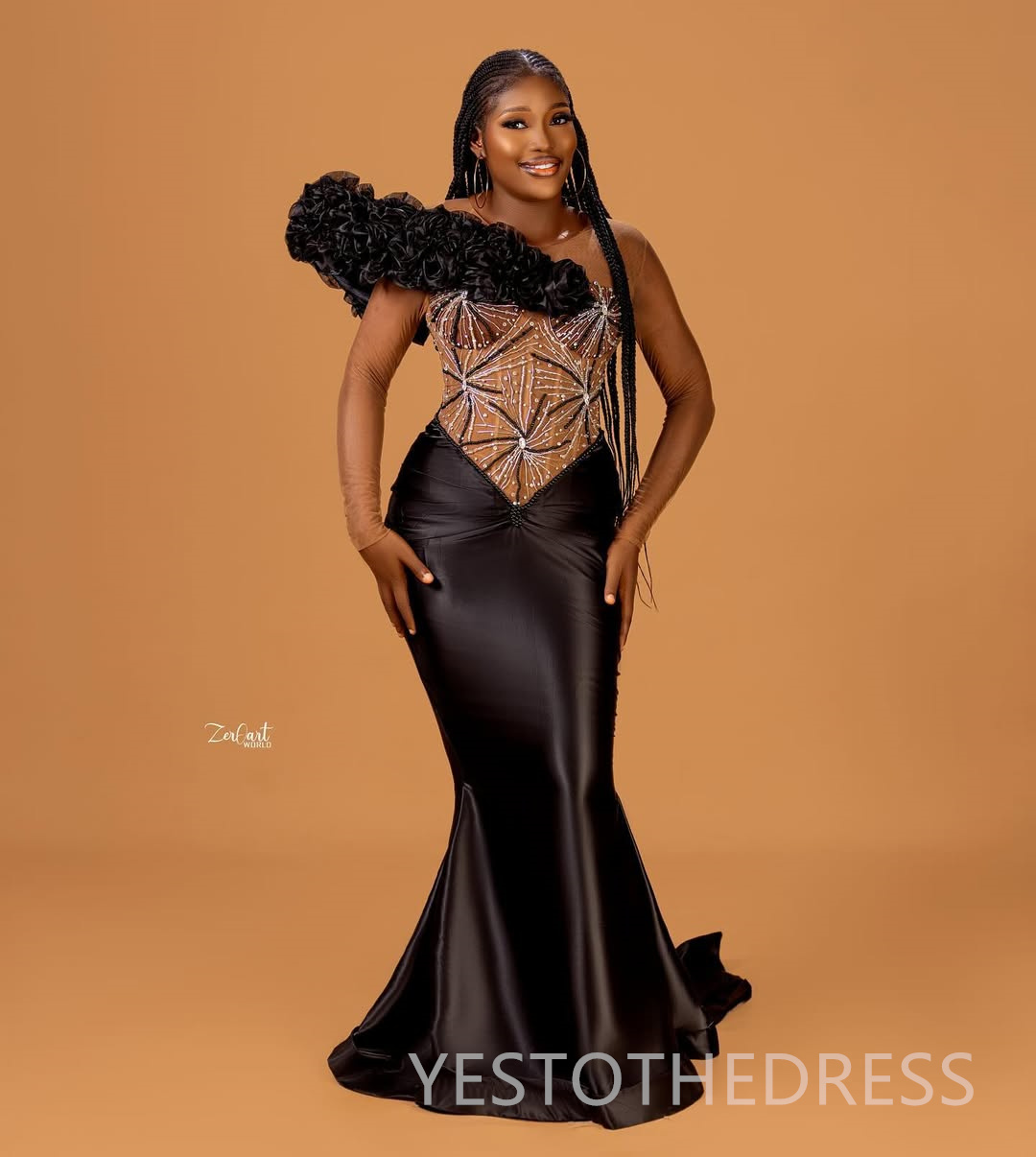 Plus Size Black Mermaid Prom Dress 2025 Evening Dresses Robe De Sorrie Sheer Neck Beaded Long Sleeves Crystals Flora Birthday Dress Second Reception G
