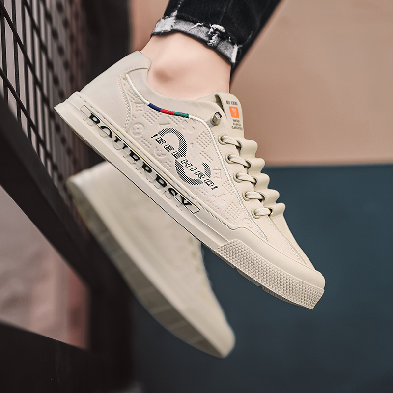 Men's shoes spring and summer new genuine leather breathable high-end sense of printed shoes leisure sports white shoes