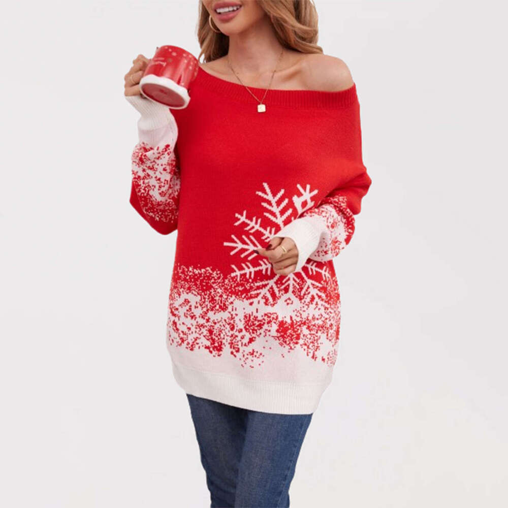 Autumn Winter Temu Women's Snowflake Christmas Color Block Off-Shoulder Sweater Plus Size B5