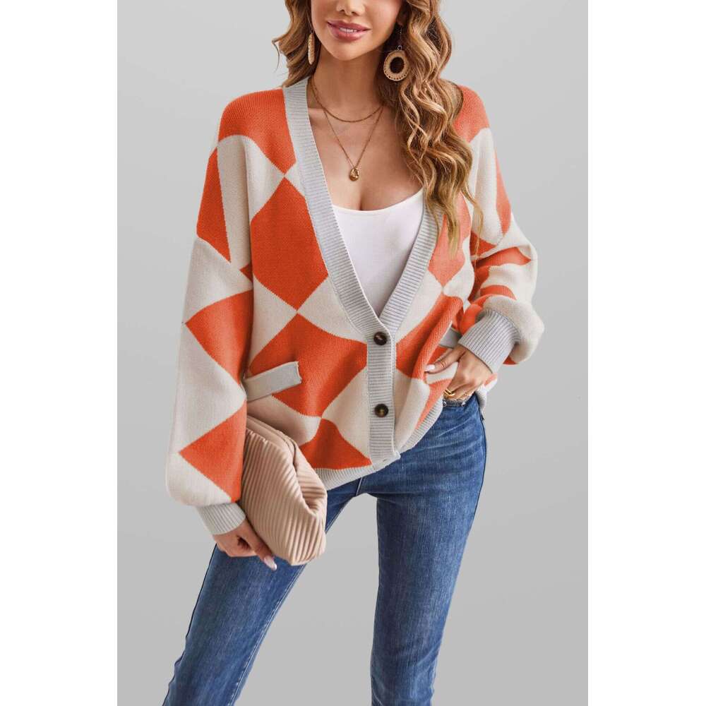 Autumn Winter Coat Sweater New V-Neck Diamond Stitching Color-Blocking Loose Knitted Cardigan For Women B5