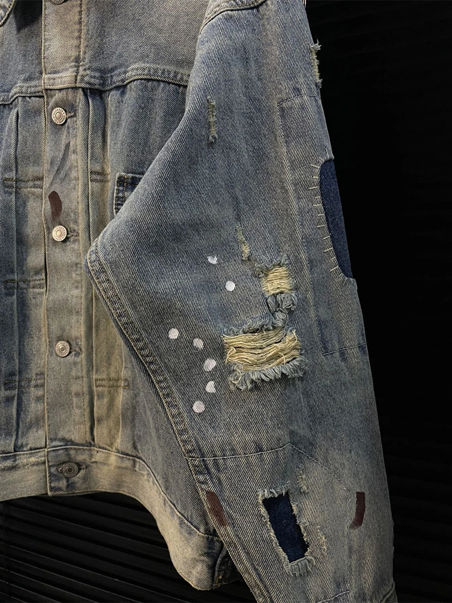 Washed SAINT MICHAEL DAMAGE Denim Work Jeans Jacket Men Women Quality Make Old Blue Heavy Fabric Coat 250819