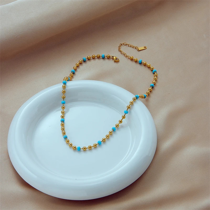 DIEYURO 316L Stainless Steel Gold Color Blue Beads Necklace For Women Vintage Girls Choker Chain Fashion Party Jewelry Gift 250815