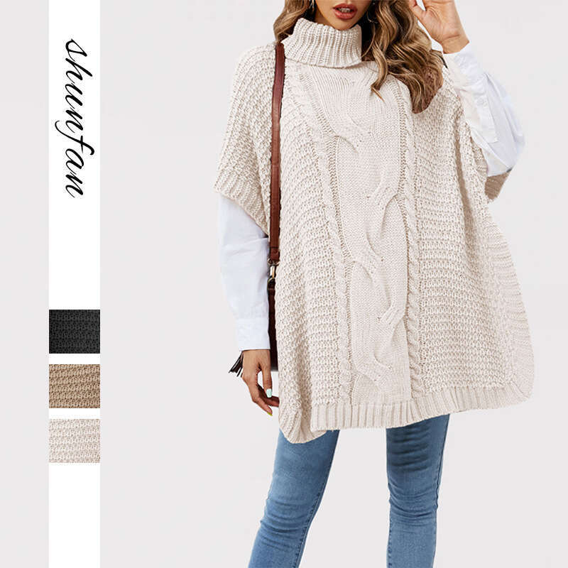 Women's Clothing Autumn Winter New High Neck Cable Knit Shawl Loose Half Sleeve Vest Sweater B5
