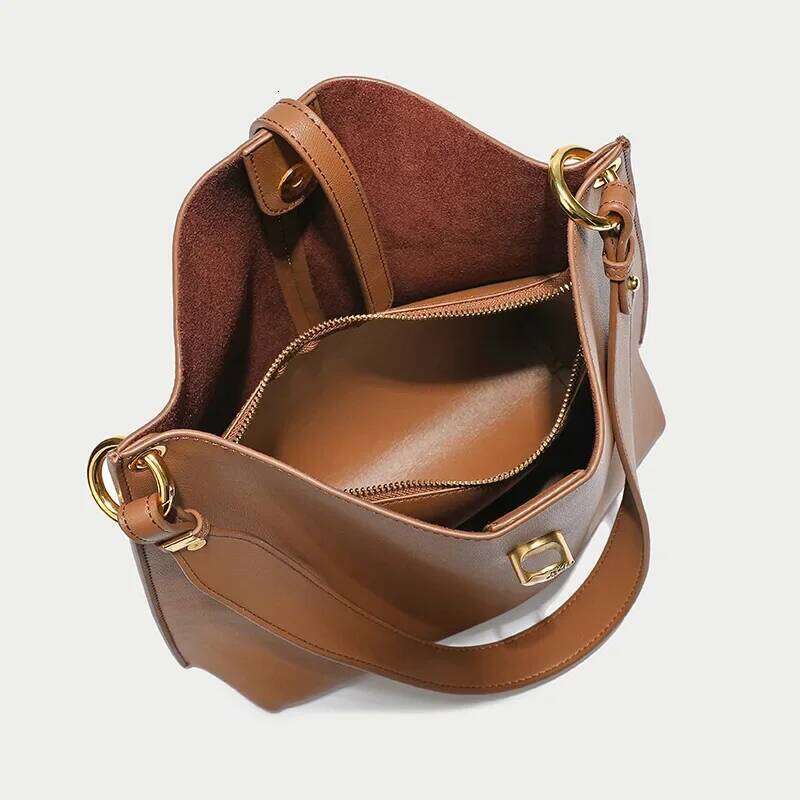 Large Bucket Beige Soft Split Cow Leather Women Handbag European and American Fashion Business OL Tote Shoulder Bag bag