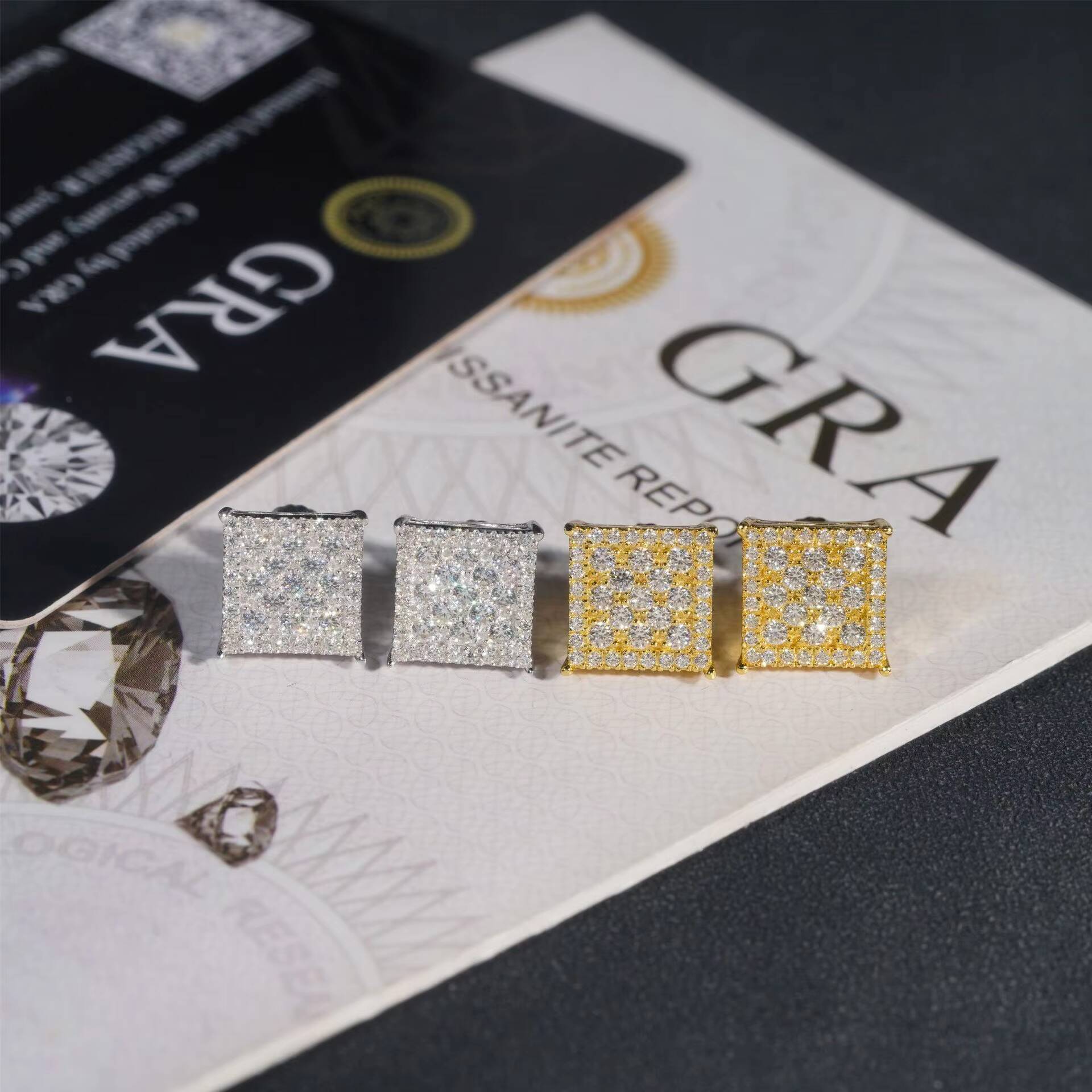 In stock Hip Hop Style 925 Sterling Silver Stud Earrings VVS Diamond Moissanite Gold Plated Iced Out with Luxury Gift Bag