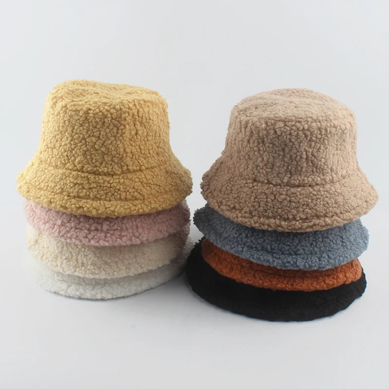 Lamb Wool Bucket Hat Winter Warm Hats For Women Lady Thicken Flat Top Cap Unisex Men Panama Outdoor Fisherman Hat Caps 250819