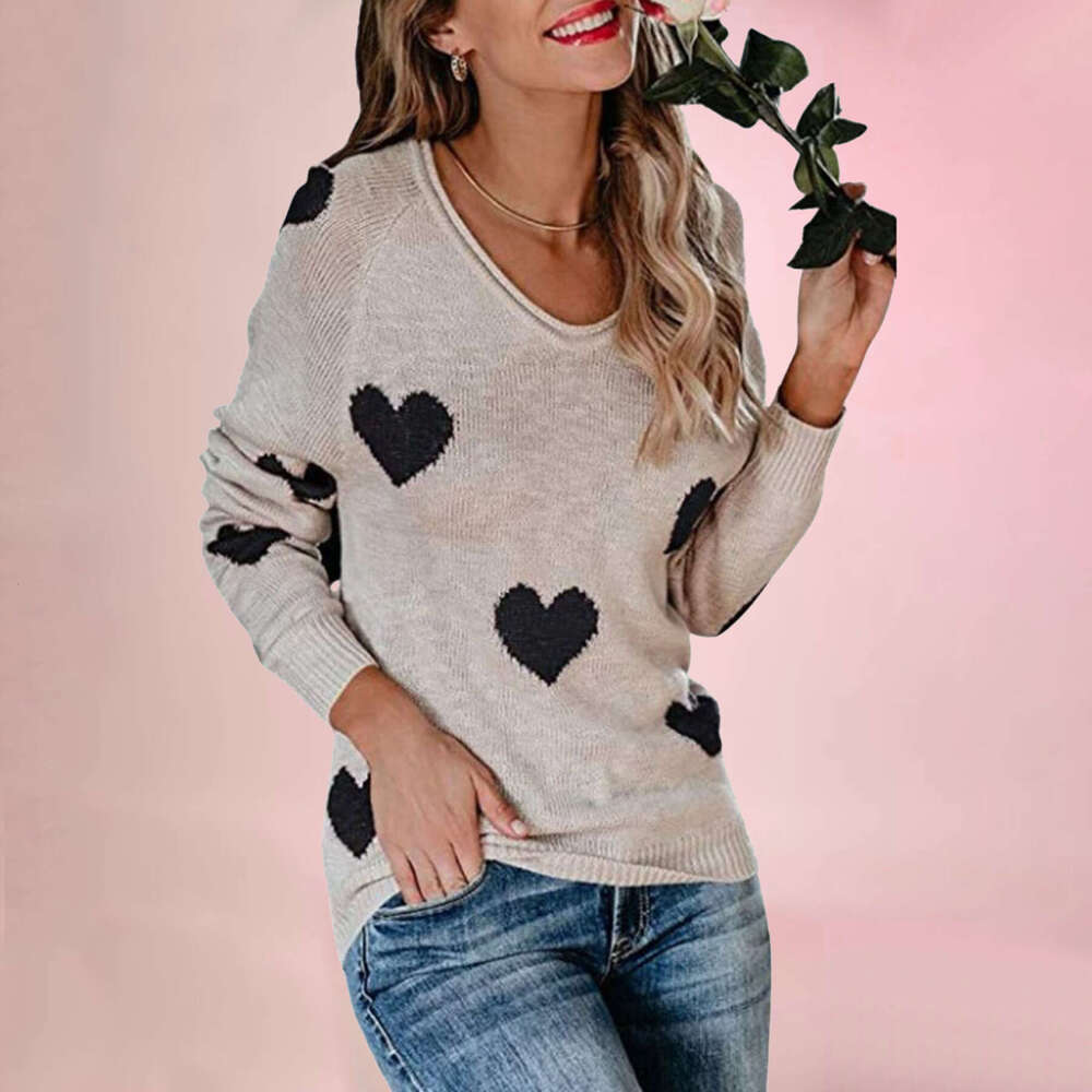 Autumn Winter New Temu Loose Heart Valentine's Day V-Neck Women's Pullover Sweater B5