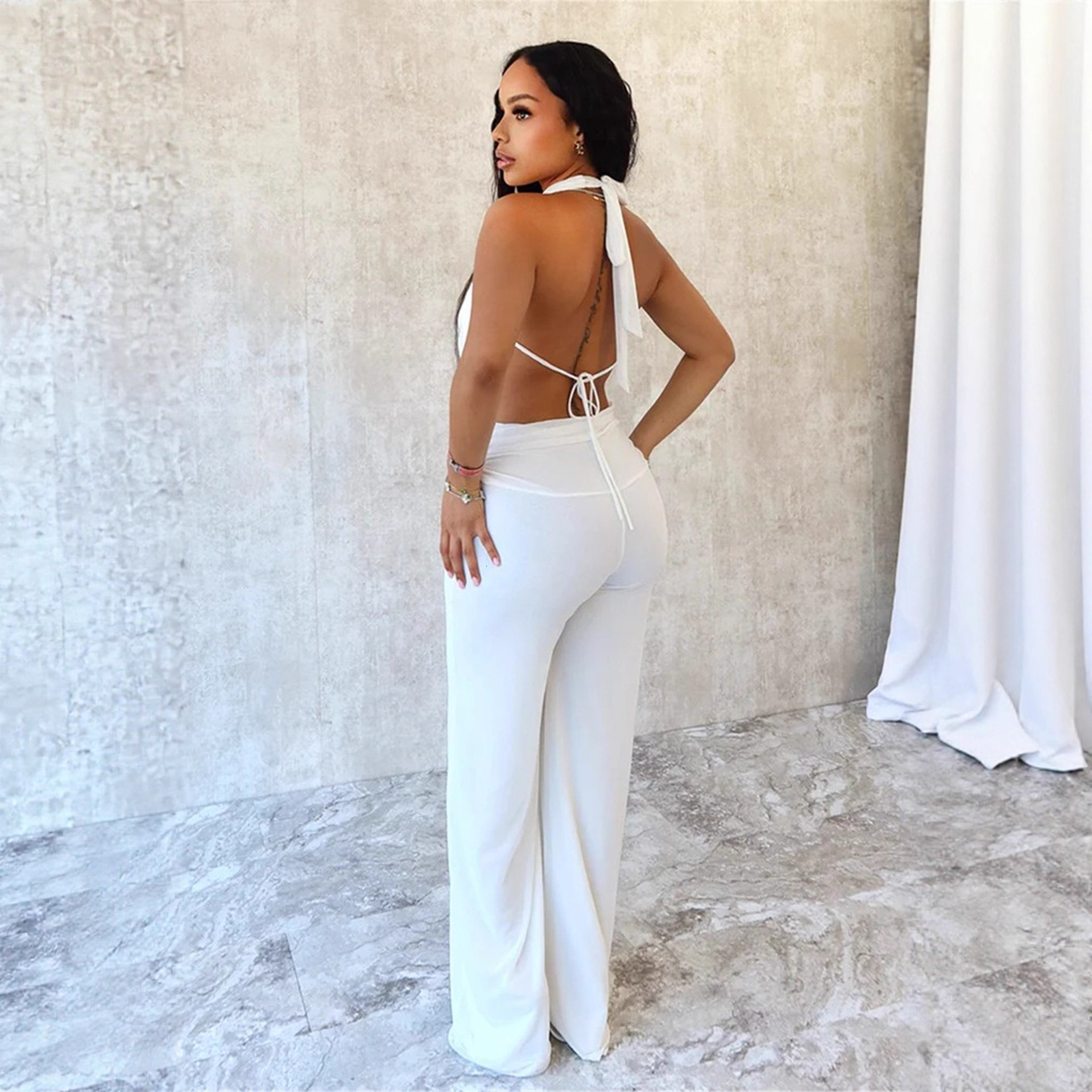 D9541 Womens Fashion Sexy Halter Neck Swing Collar Backless Tie Solid Color Mesh Two-Piece Set