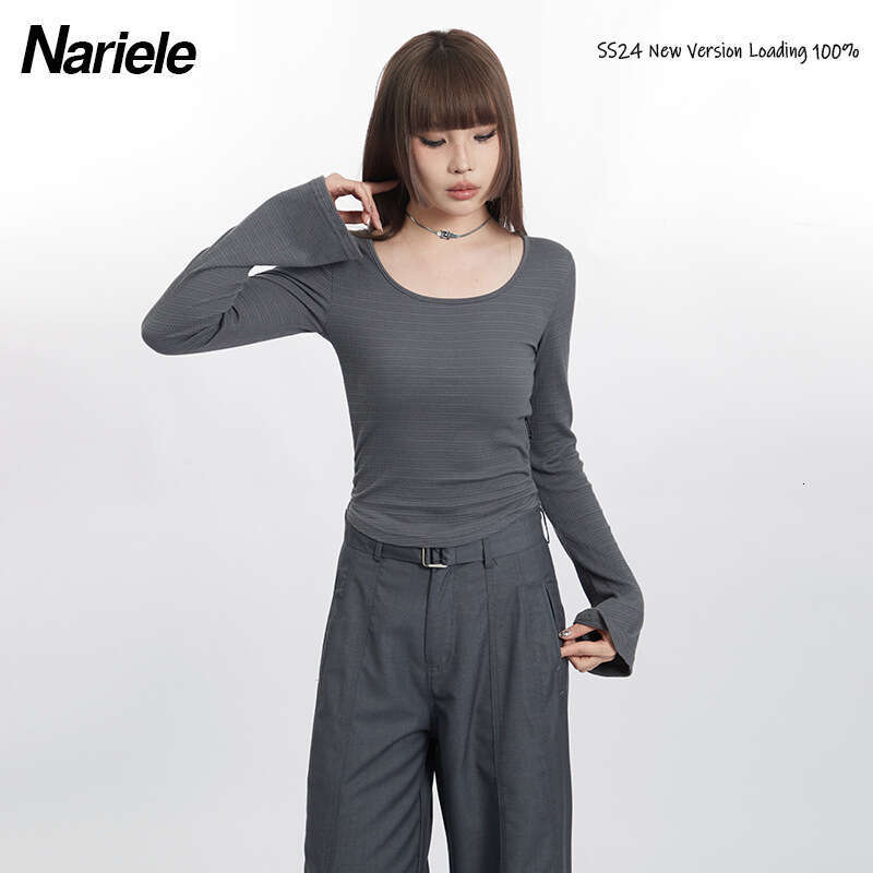 Pure Desire Style Ruched Waist Round Neck Long Sleeve T-Shirt Spring New Slim Fit Solid Color Short Hot Girl B5