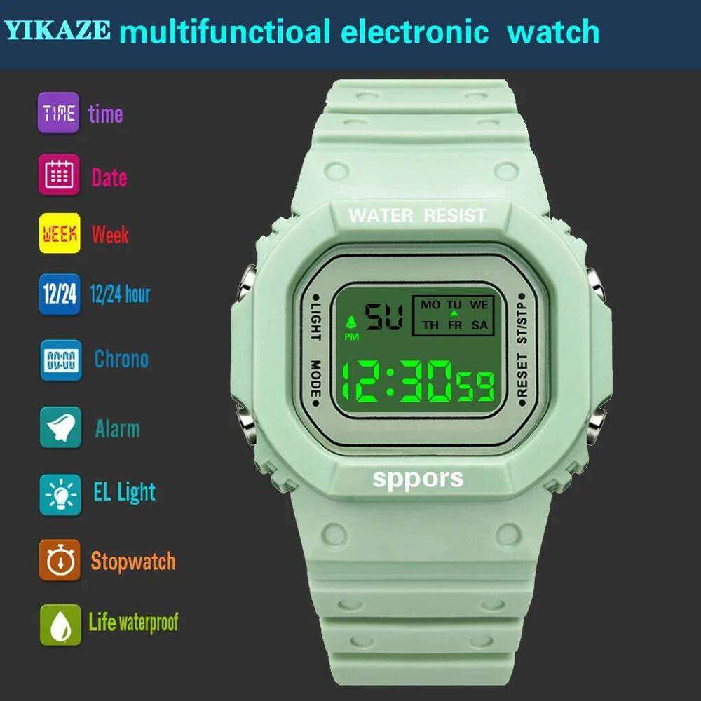YIKAZE Sports Boys Girls Student LED Electronic Watch Colorful Men Women Square Digital Watches Waterproof Rubber Clock