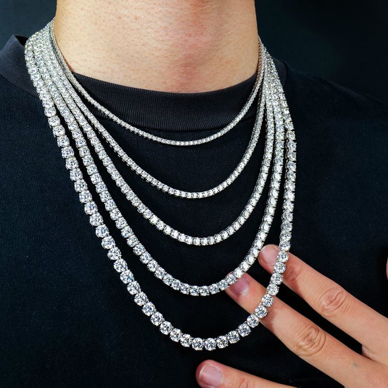 Round Lab Created Moissanite 2mm to 6mm Width Tennis Chain Necklace for Hip Hop Men Women White Gold Plated 925 Sterling Silver