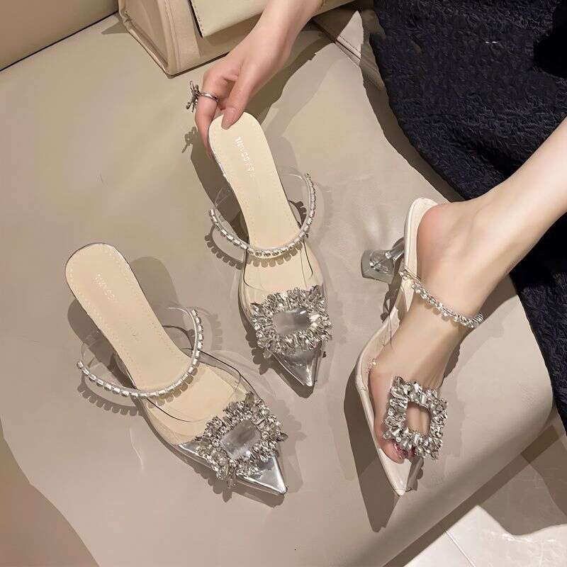 Shoe 35-42 Plus Size Designer Shoes Thin Slippers for Women 2025 Summer New Rhinestone Square Buckle High Heel Transparent Closed Toe Half Sandals